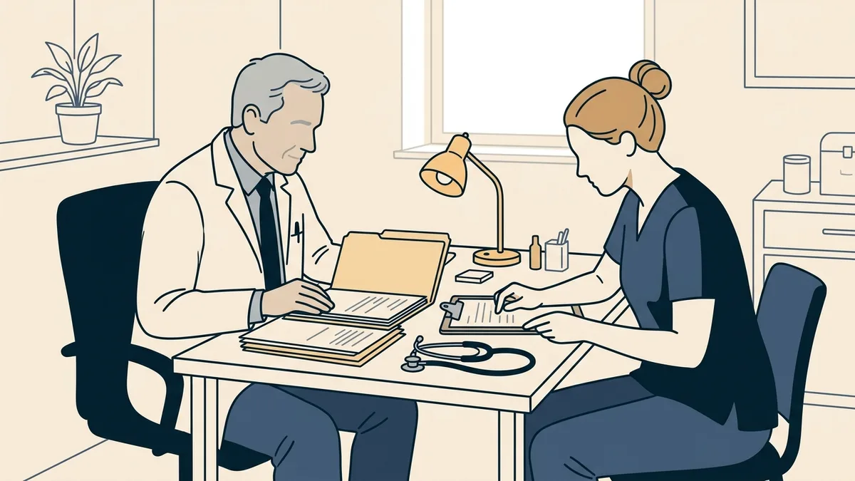 A physician medical director reviewing patient charts with a nurse practitioner in a small office.