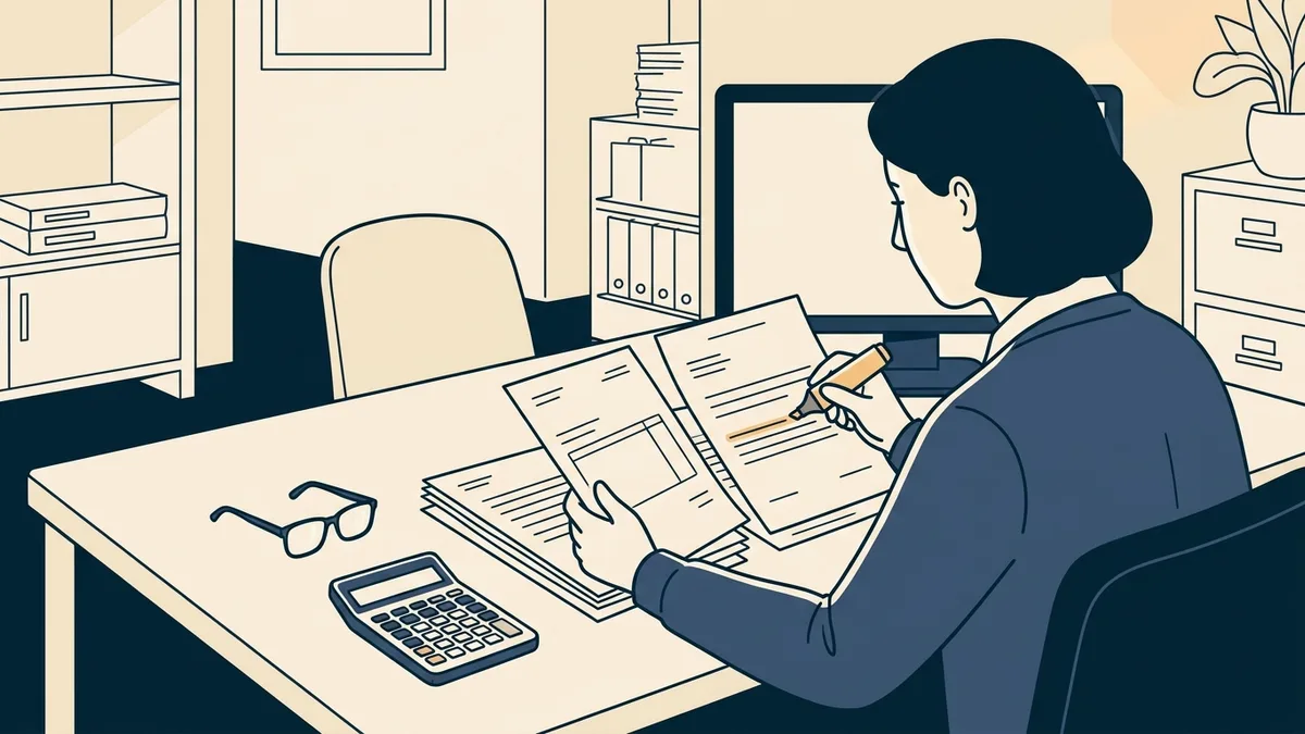 A practice manager reviewing printed payer contracts and remittance statements at a desk with a calculator.