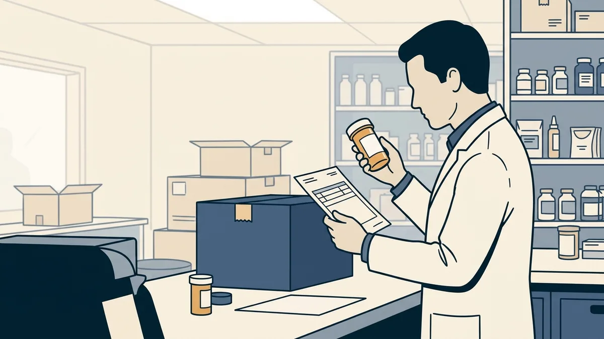 A pharmacist in a mail-order pharmacy checking a filled prescription bottle against an order before packing it for shipment.