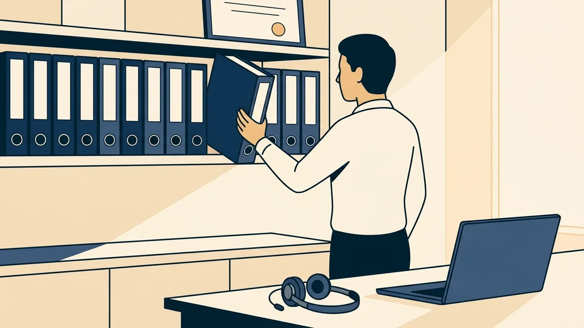 A compliance manager arranging a row of labeled binders on an office shelf in a small medical practice.