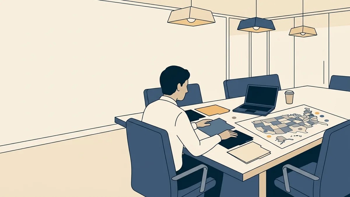 An operations manager at a conference table with a printed U.S. map and color-coded folders for each state.