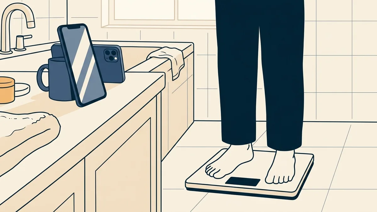 A clinician on a video visit with a patient who is standing on a bathroom scale at home, the patient's face out of frame.