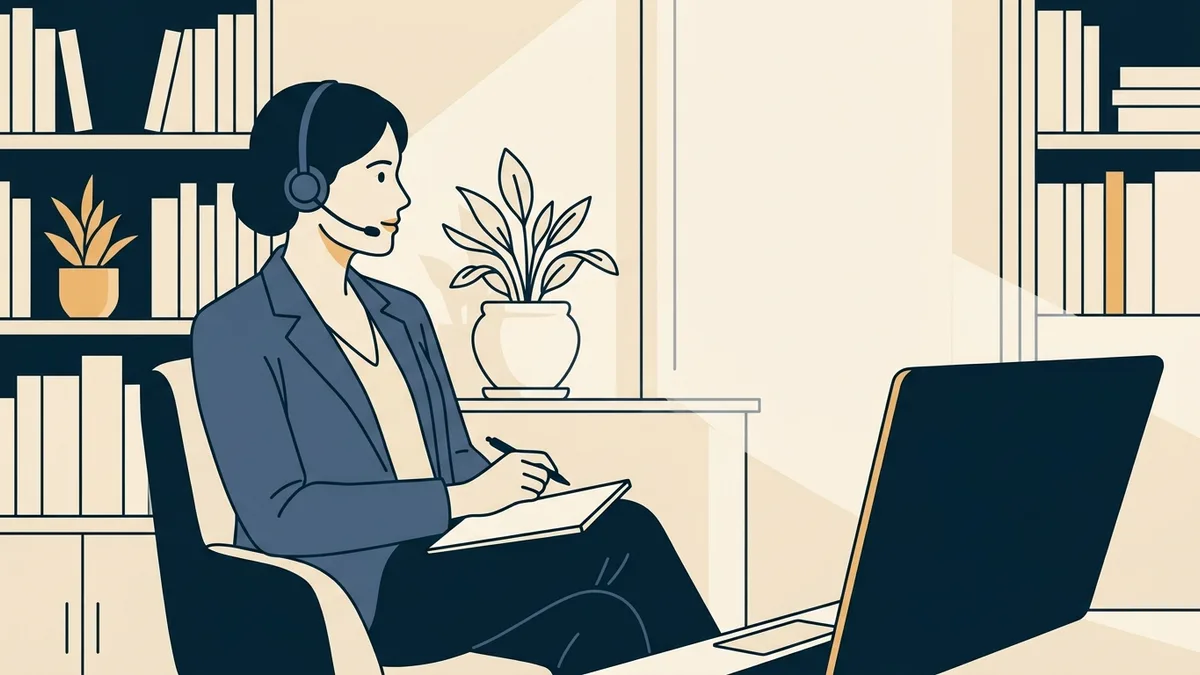 A psychiatrist in a quiet home office during a video session, listening with a notepad on her knee.