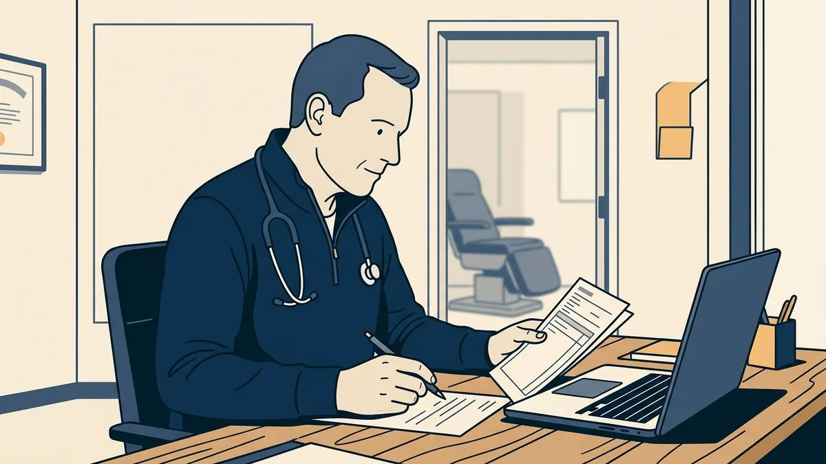 A physician reviewing printed lab results at a desk beside a laptop in a men's health clinic office.