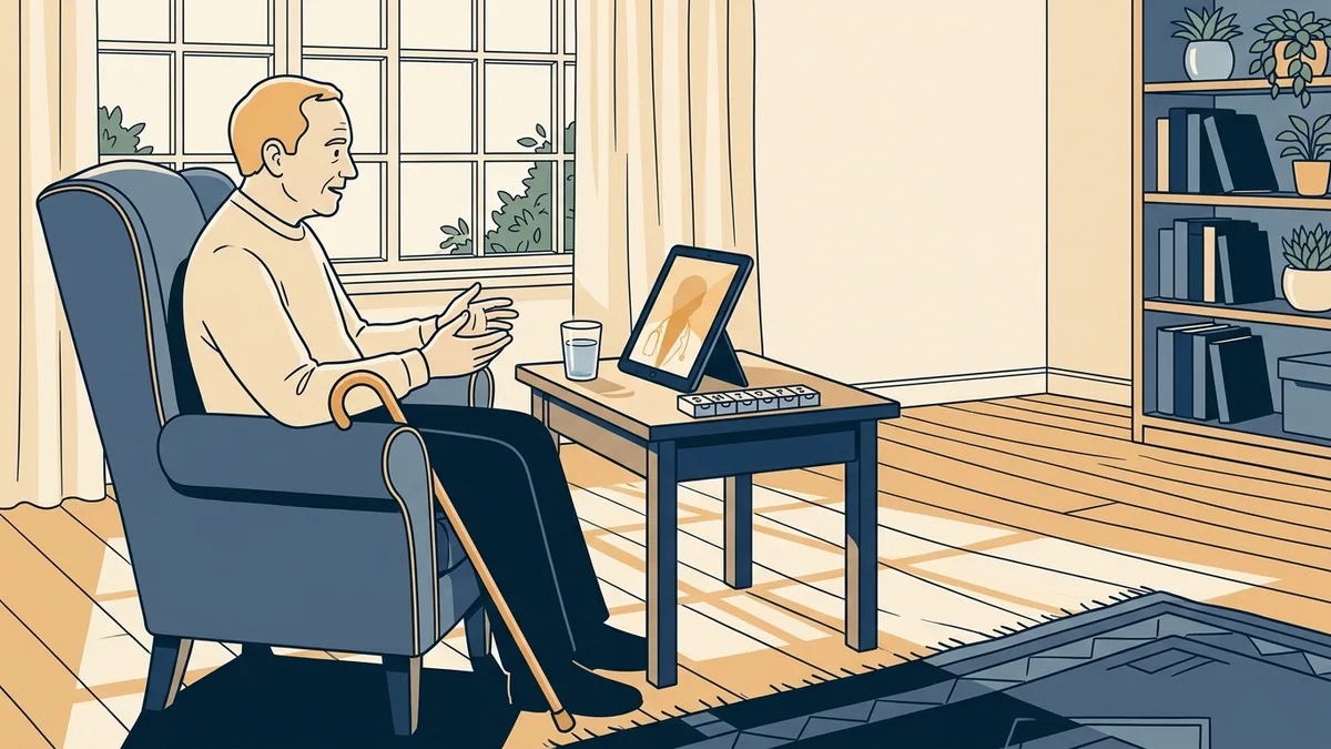 An older patient at home on a video visit with a physician, sitting in an armchair with a tablet propped on a side table.