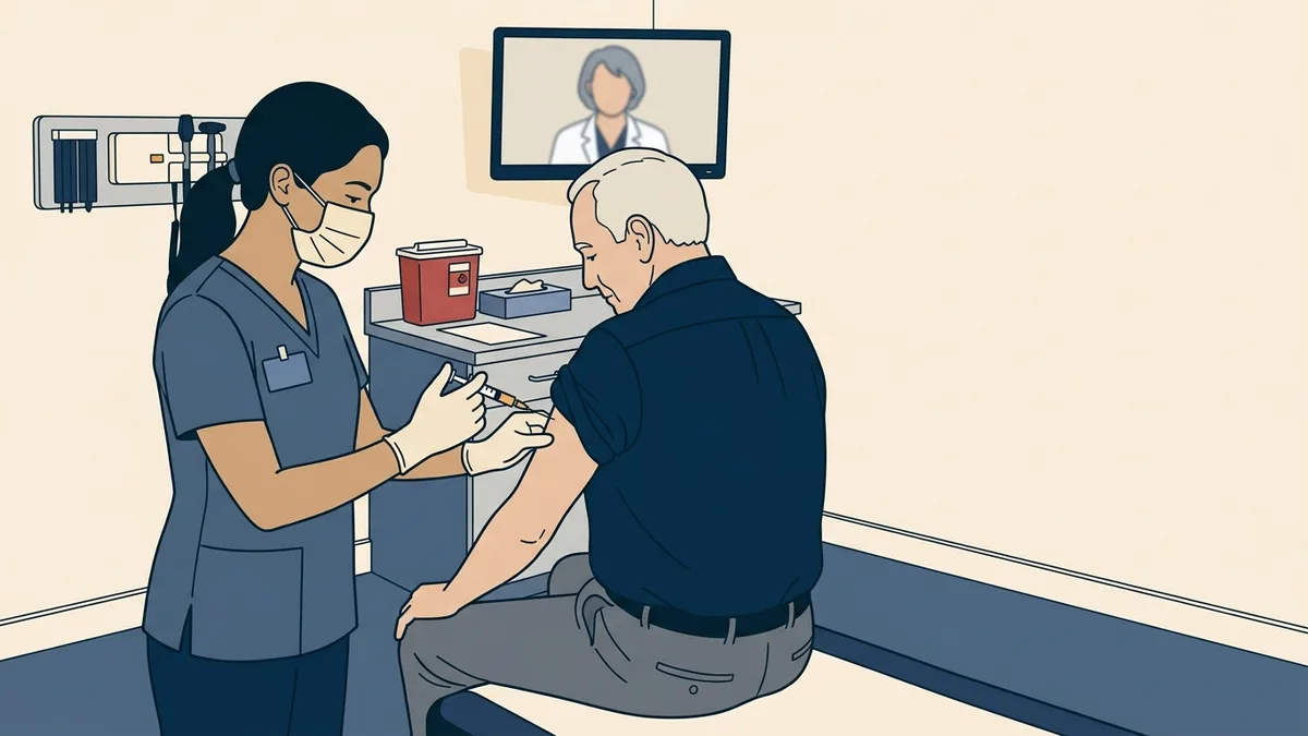 A medical assistant giving an injection to a patient in a clinic exam room while a supervising physician joins by video on a wall-mounted screen.