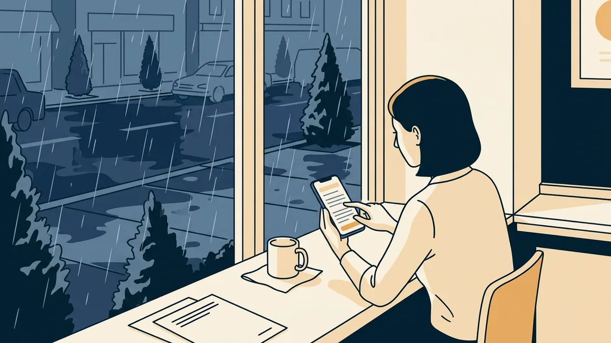 A woman in Seattle filling out a health questionnaire on her phone at a cafe window overlooking a rainy street.